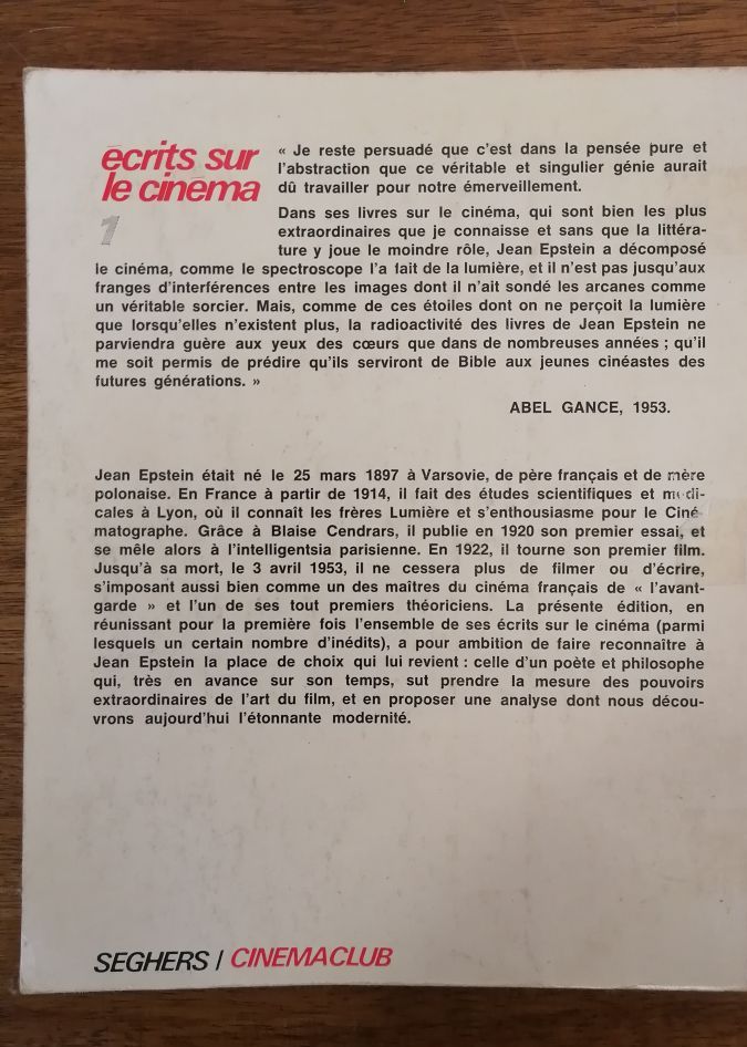 Ecrits sur le cinéma 1974 EPSTEIN Jean Vision Perspective Philosophie