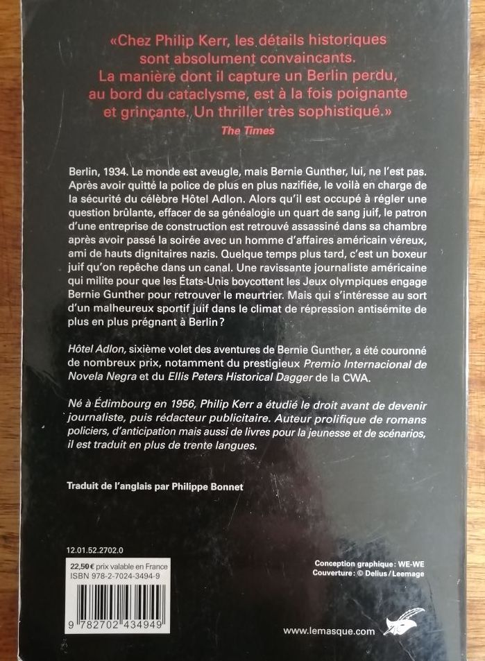 Hotel Adlon 2012 KERR Philip Dédicacé Berlin Allemagne nazie Anti