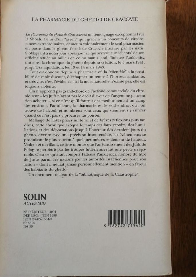 La pharmacie du ghetto de Cracovie 1998 PANKIEWICZ Tadeusz Témoignage